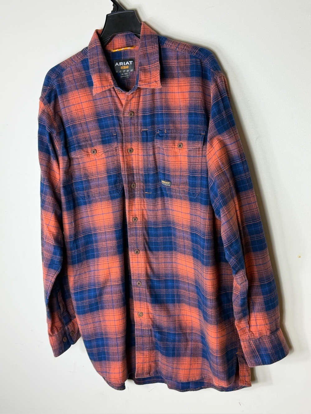 ARIAT Rebar Men's XL Tall Orange/Blue Plaid Long-Sleeve Button-Up Flannel Shirt